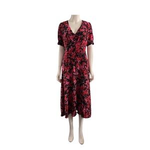 The Kooples Pink and Black Floral V-Neck Midi Dress